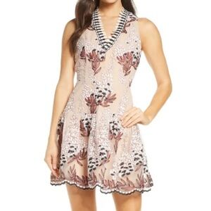 Haryln Petite Dress - Tan, maroon, black and white